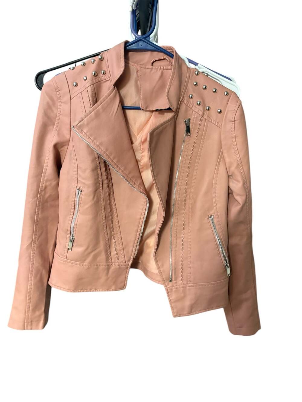 Tag Basic Dusty Pink Faux Leather Studded Moto Jacket